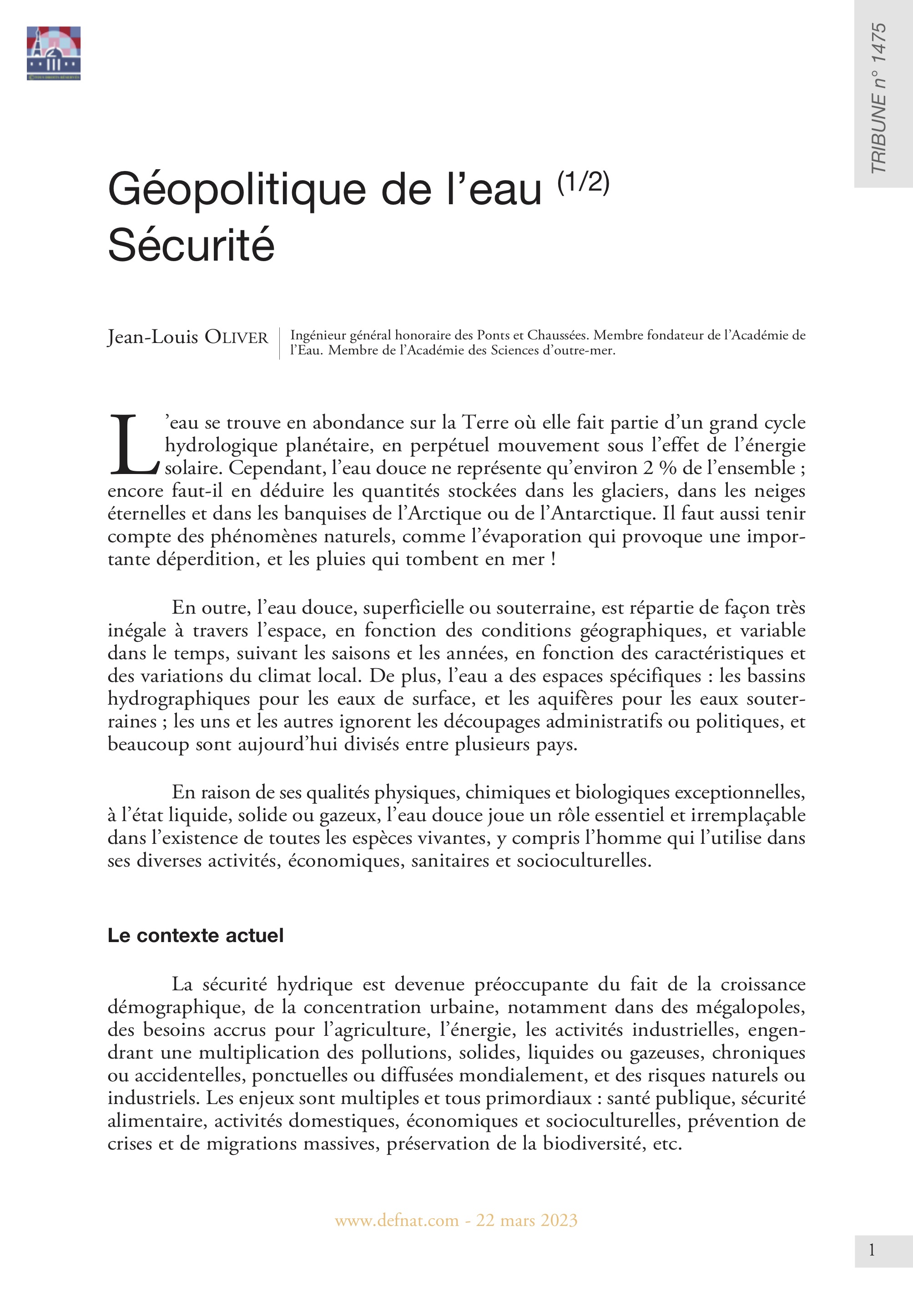 Géopolitique de l’eau (1/2) : Sécurité (T 1475)
